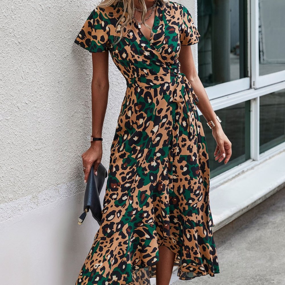 New Leopard Print Flutter Sleeve Ruffle Trim Tie Side Wrap Dress - Picture 4 of 5